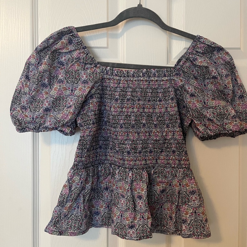 J. Crew Smocked Peplum Blouse in Purple and Pink